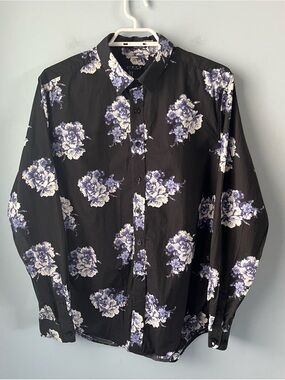 21MEN 100% Cotton Black Button-Down Fitted Shirt Purple & White Floral Size M